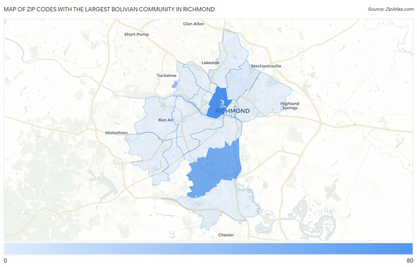 Zip Codes with the Largest Bolivian Community in Richmond Map