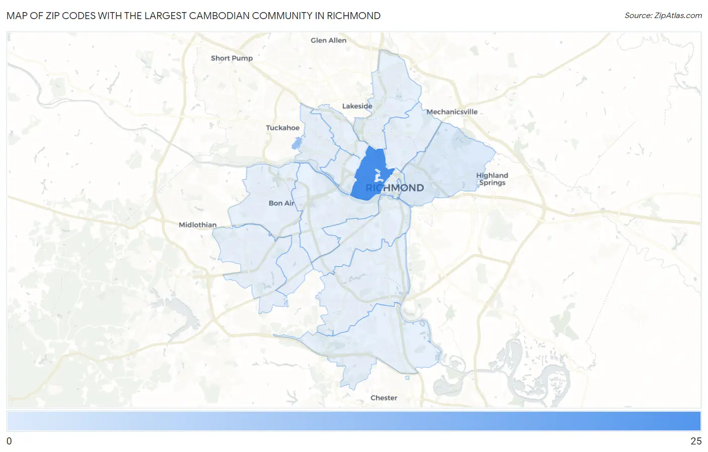 Zip Codes with the Largest Cambodian Community in Richmond Map