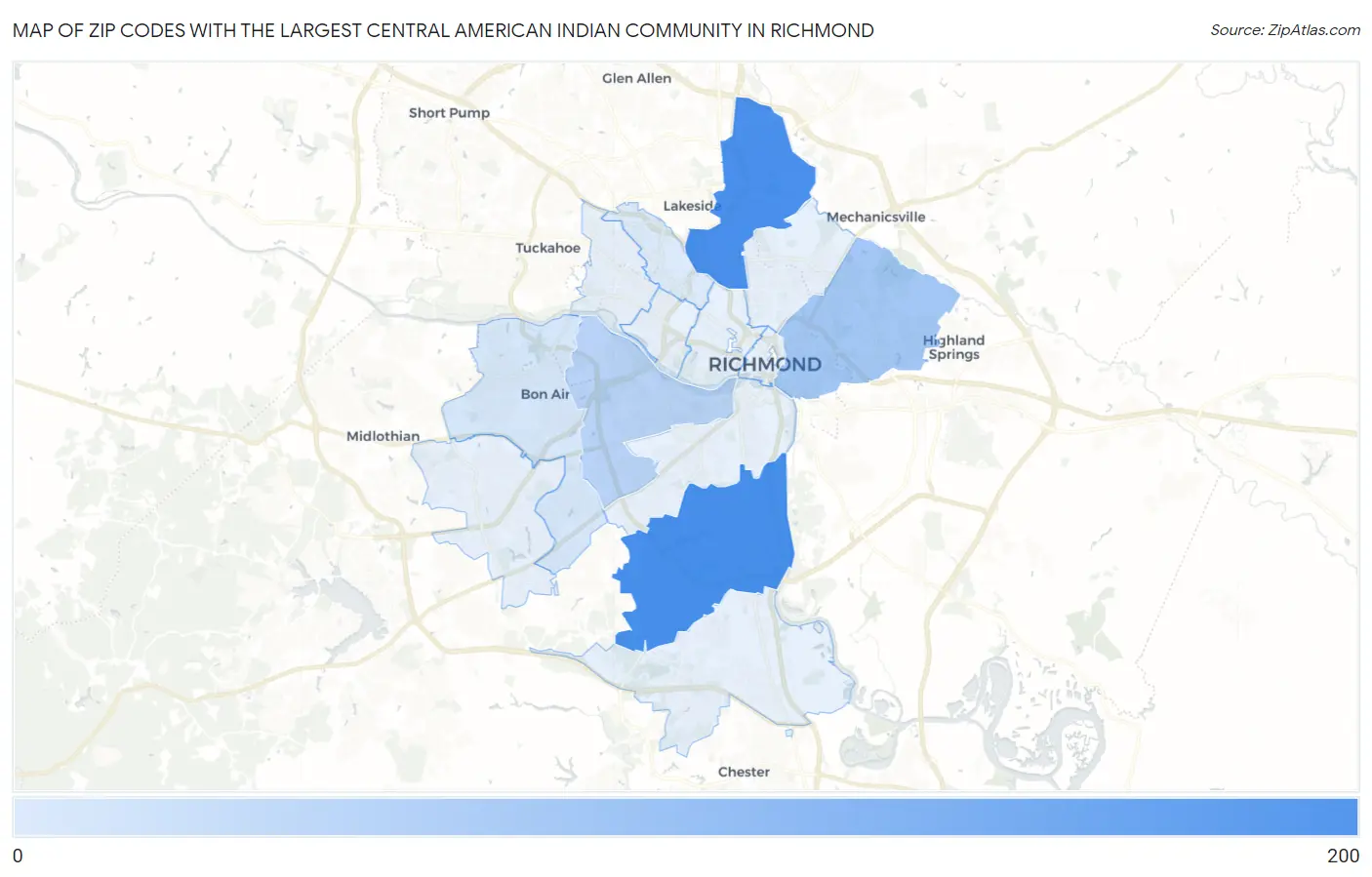 Zip Codes with the Largest Central American Indian Community in Richmond Map