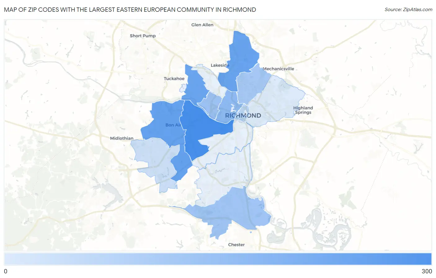 Zip Codes with the Largest Eastern European Community in Richmond Map