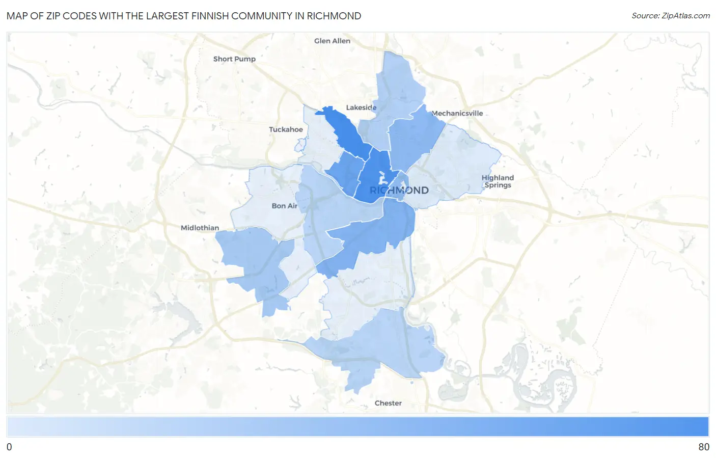 Zip Codes with the Largest Finnish Community in Richmond Map