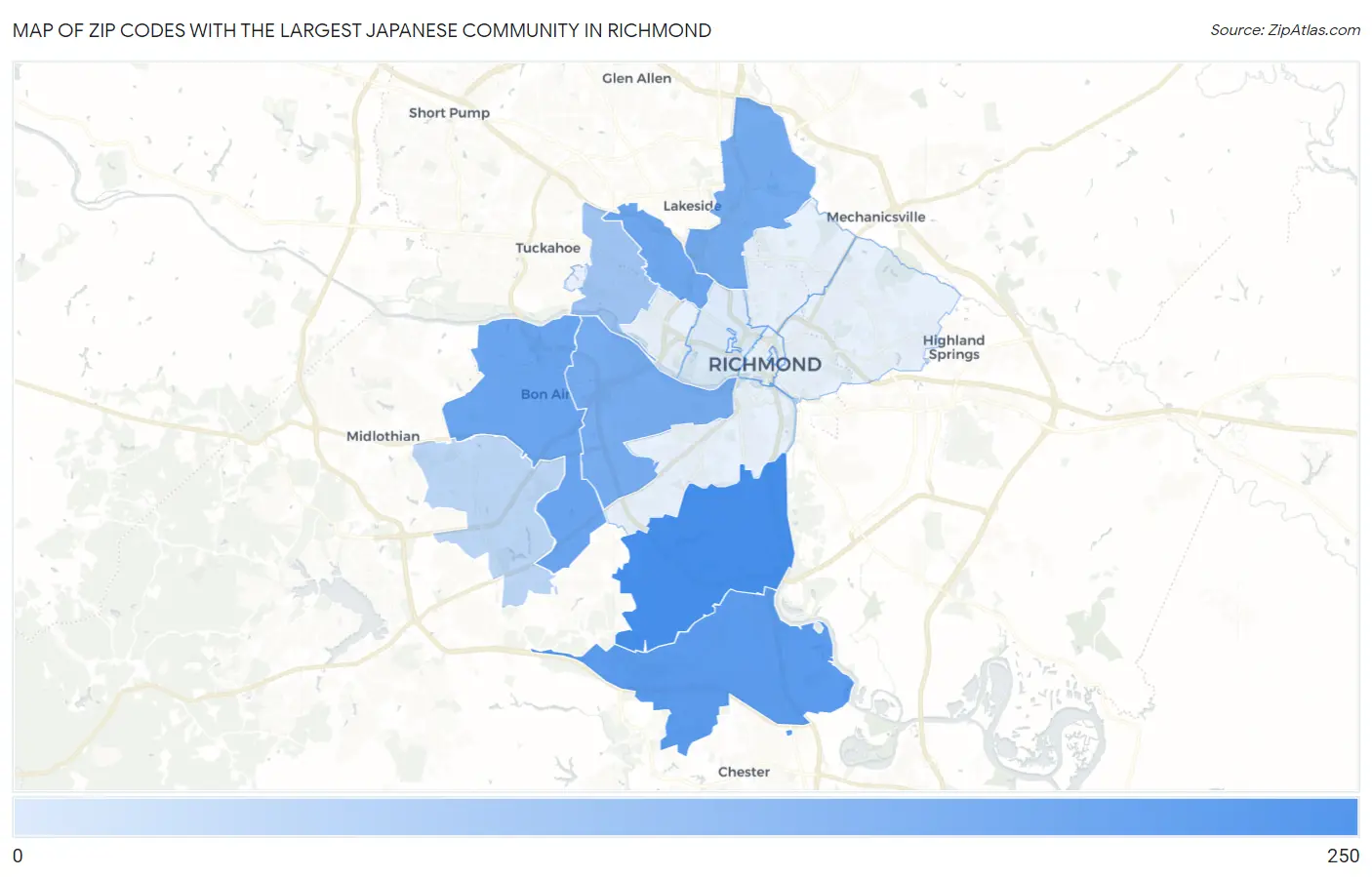 Zip Codes with the Largest Japanese Community in Richmond Map