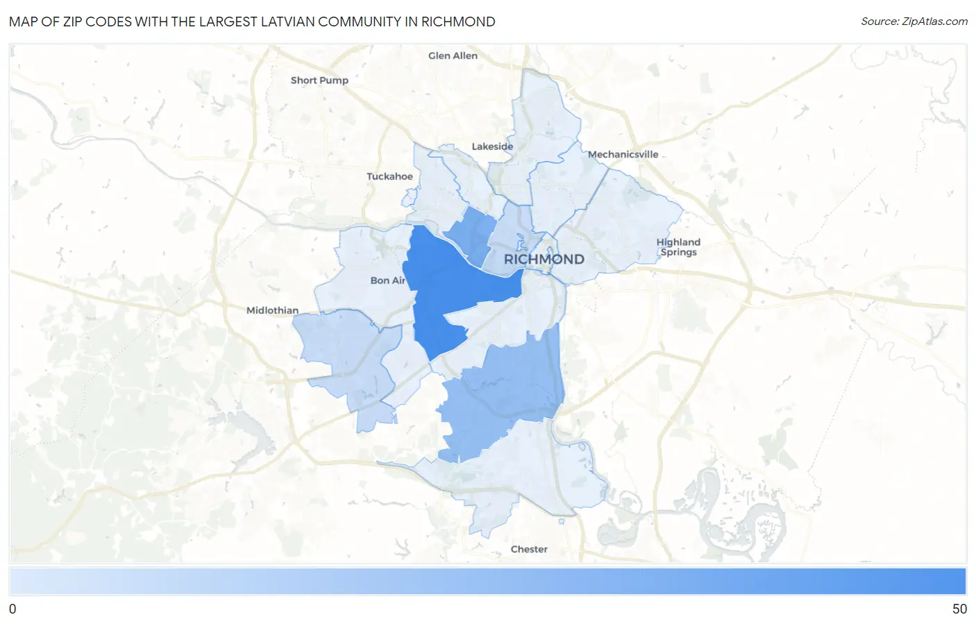 Zip Codes with the Largest Latvian Community in Richmond Map