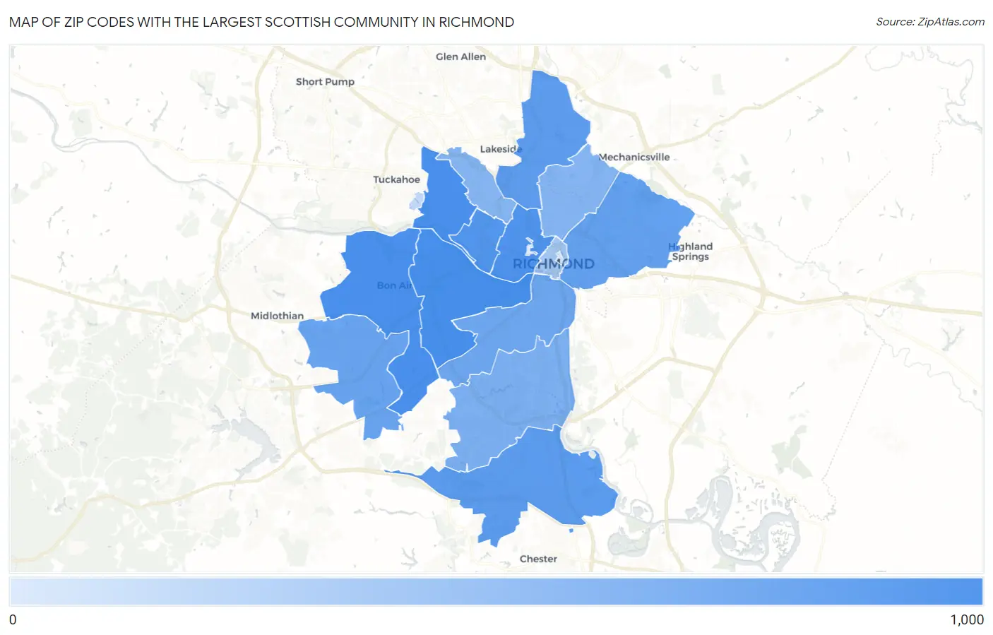 Zip Codes with the Largest Scottish Community in Richmond Map