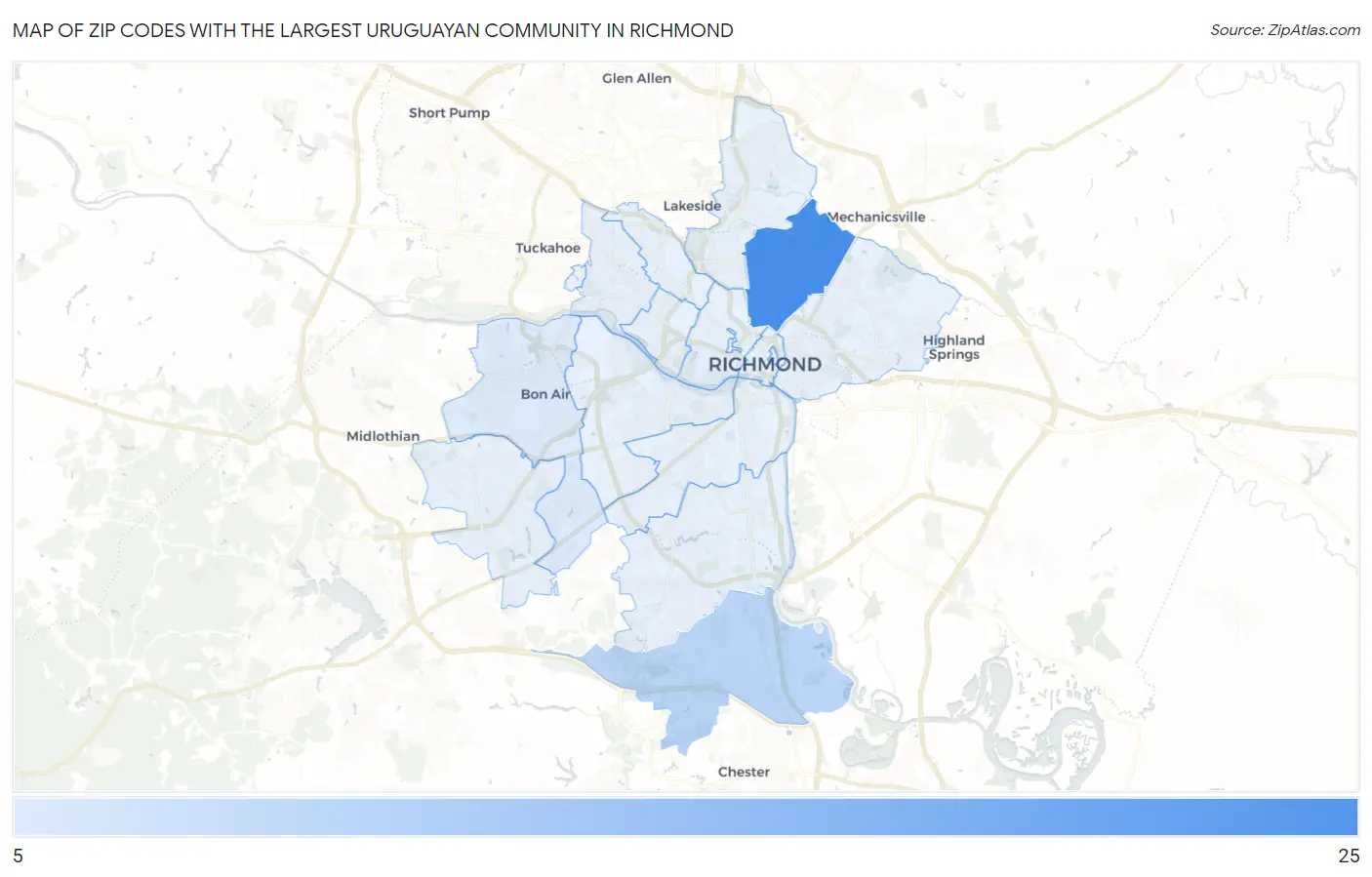 Zip Codes with the Largest Uruguayan Community in Richmond Map