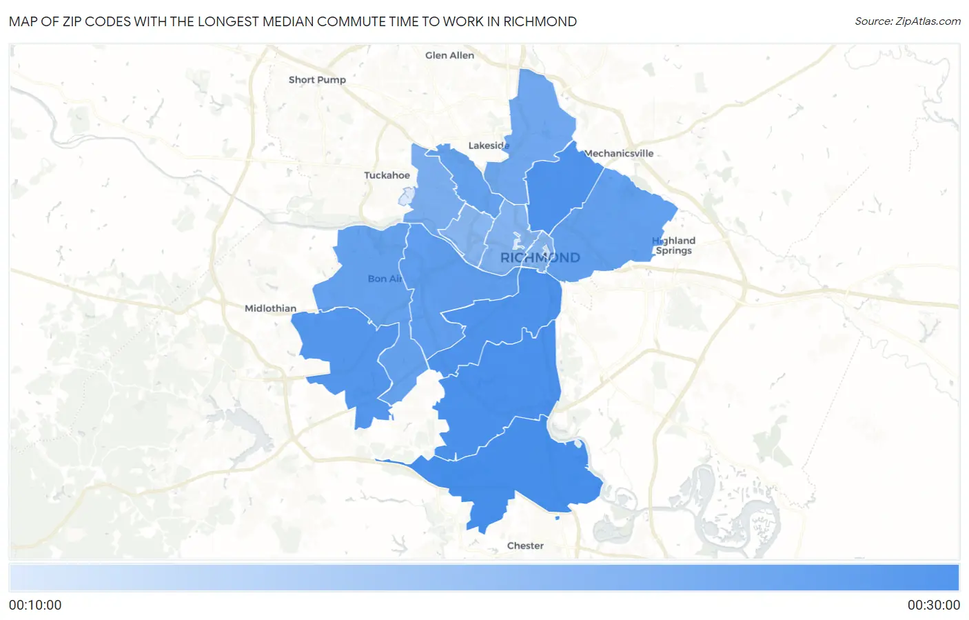 Zip Codes with the Longest Median Commute Time to Work in Richmond Map