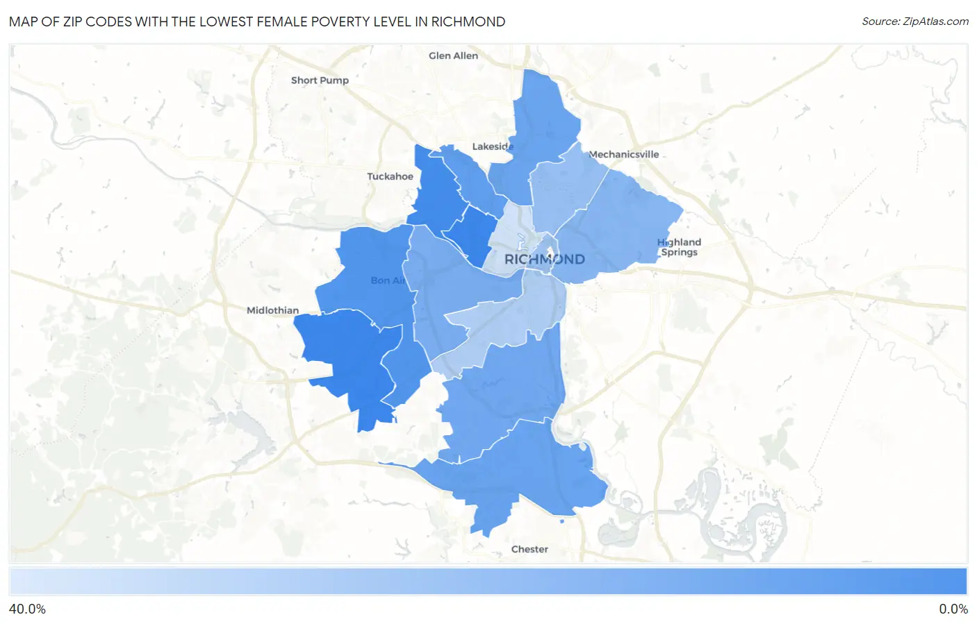 Zip Codes with the Lowest Female Poverty Level in Richmond Map