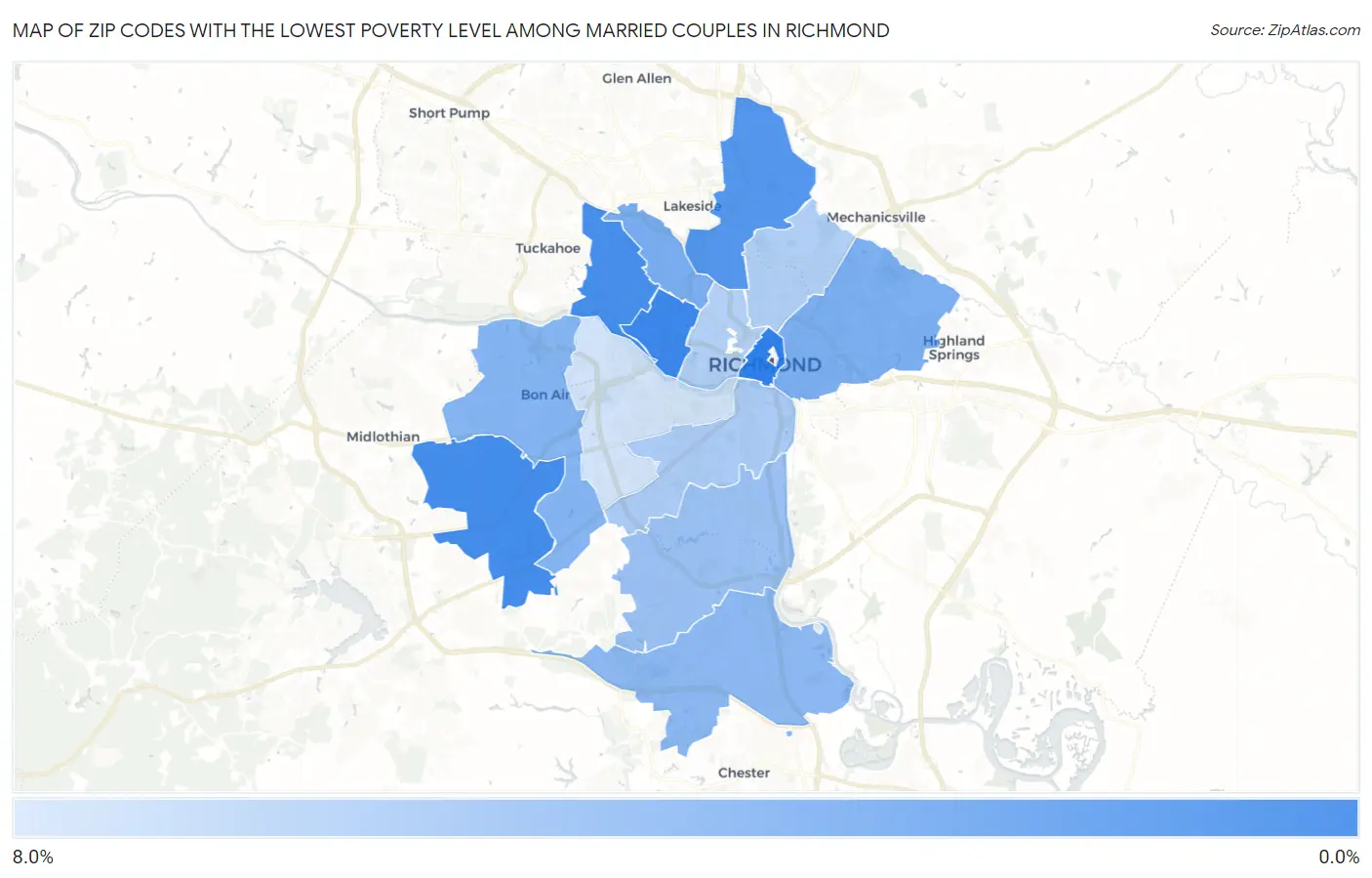 Zip Codes with the Lowest Poverty Level Among Married Couples in Richmond Map