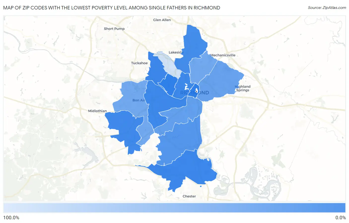 Zip Codes with the Lowest Poverty Level Among Single Fathers in Richmond Map