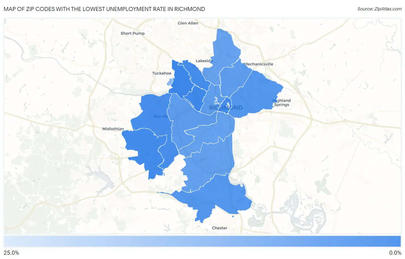 Zip Codes with the Lowest Unemployment Rate in Richmond Map
