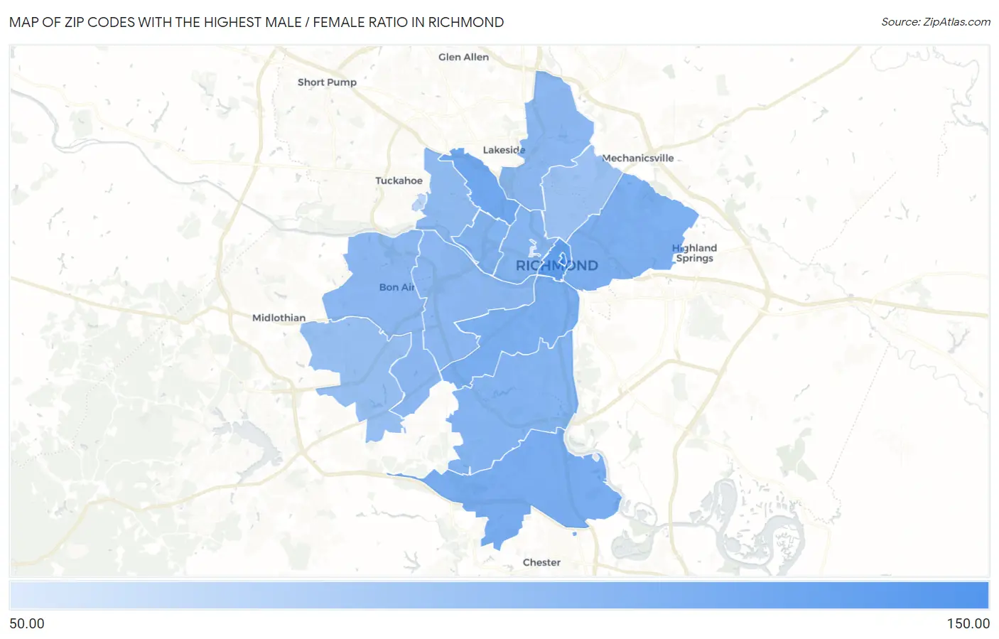 Zip Codes with the Highest Male / Female Ratio in Richmond Map