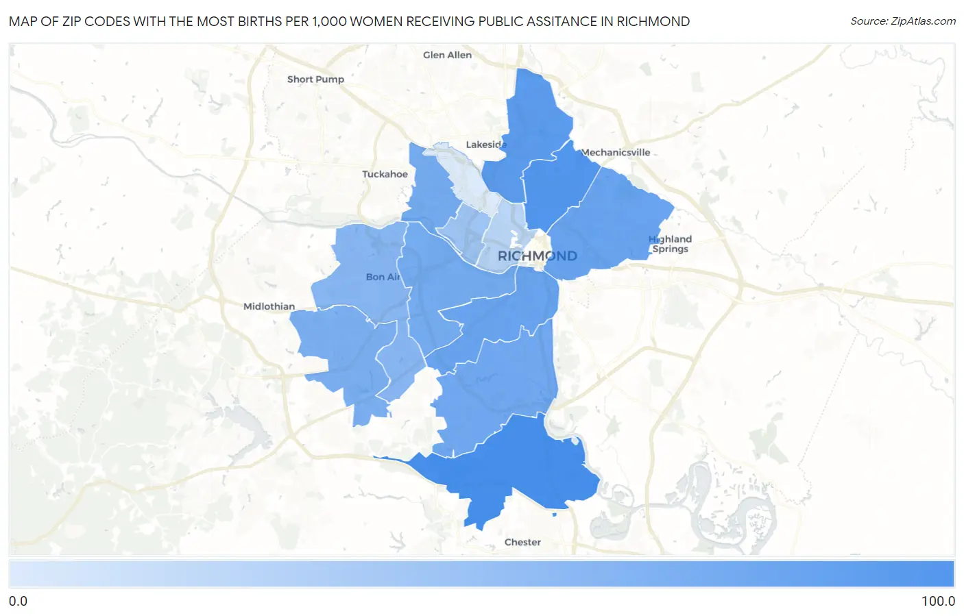 Zip Codes with the Most Births per 1,000 Women Receiving Public Assitance in Richmond Map