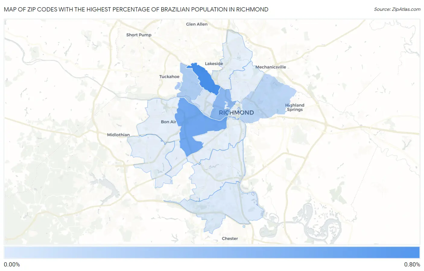 Zip Codes with the Highest Percentage of Brazilian Population in Richmond Map