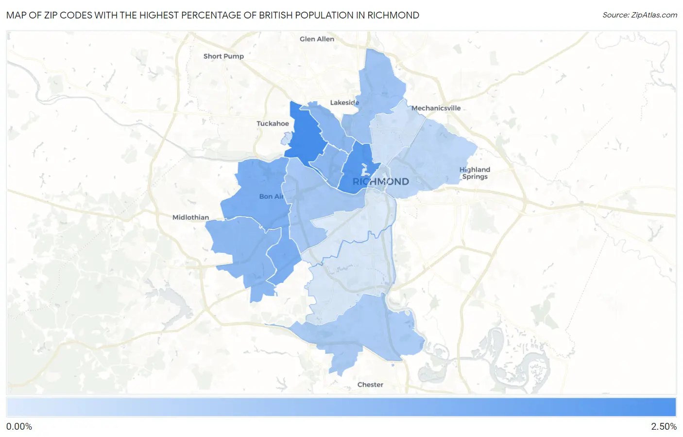 Zip Codes with the Highest Percentage of British Population in Richmond Map