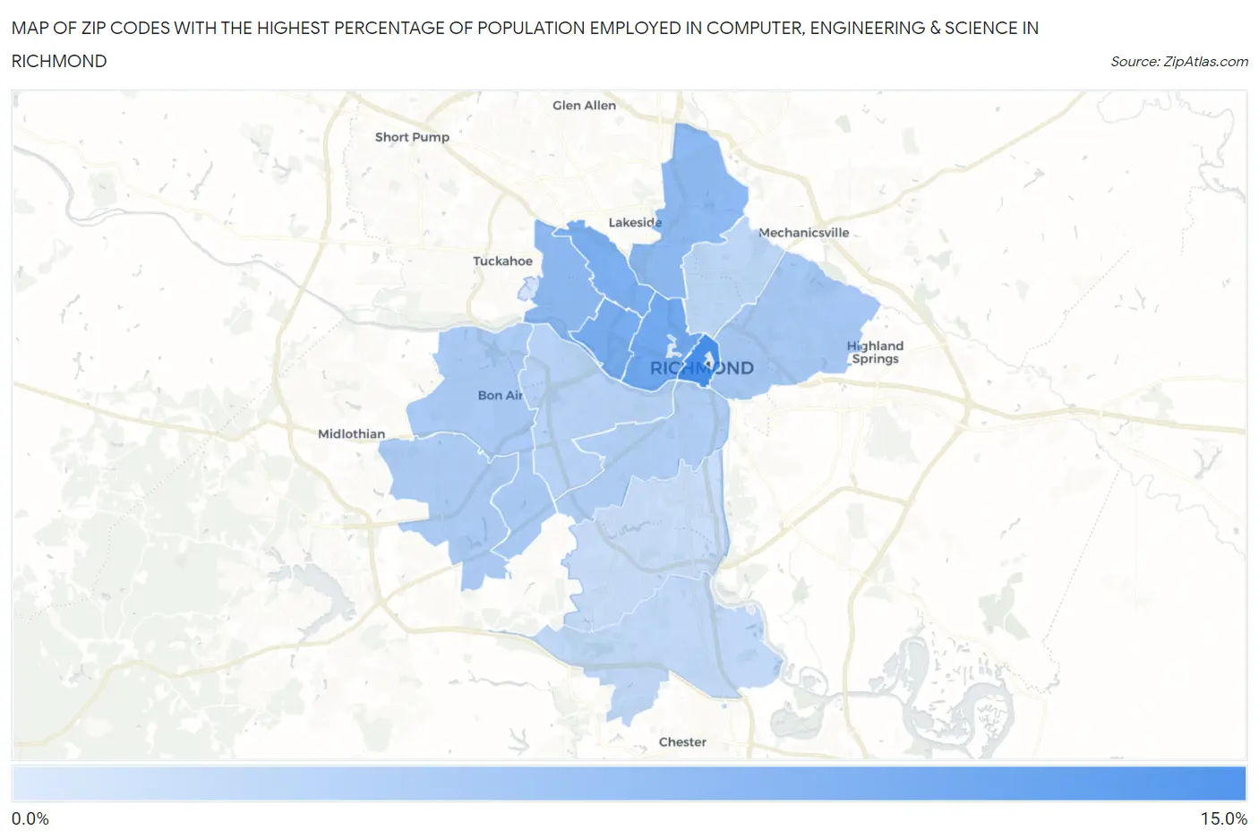 Zip Codes with the Highest Percentage of Population Employed in Computer, Engineering & Science in Richmond Map