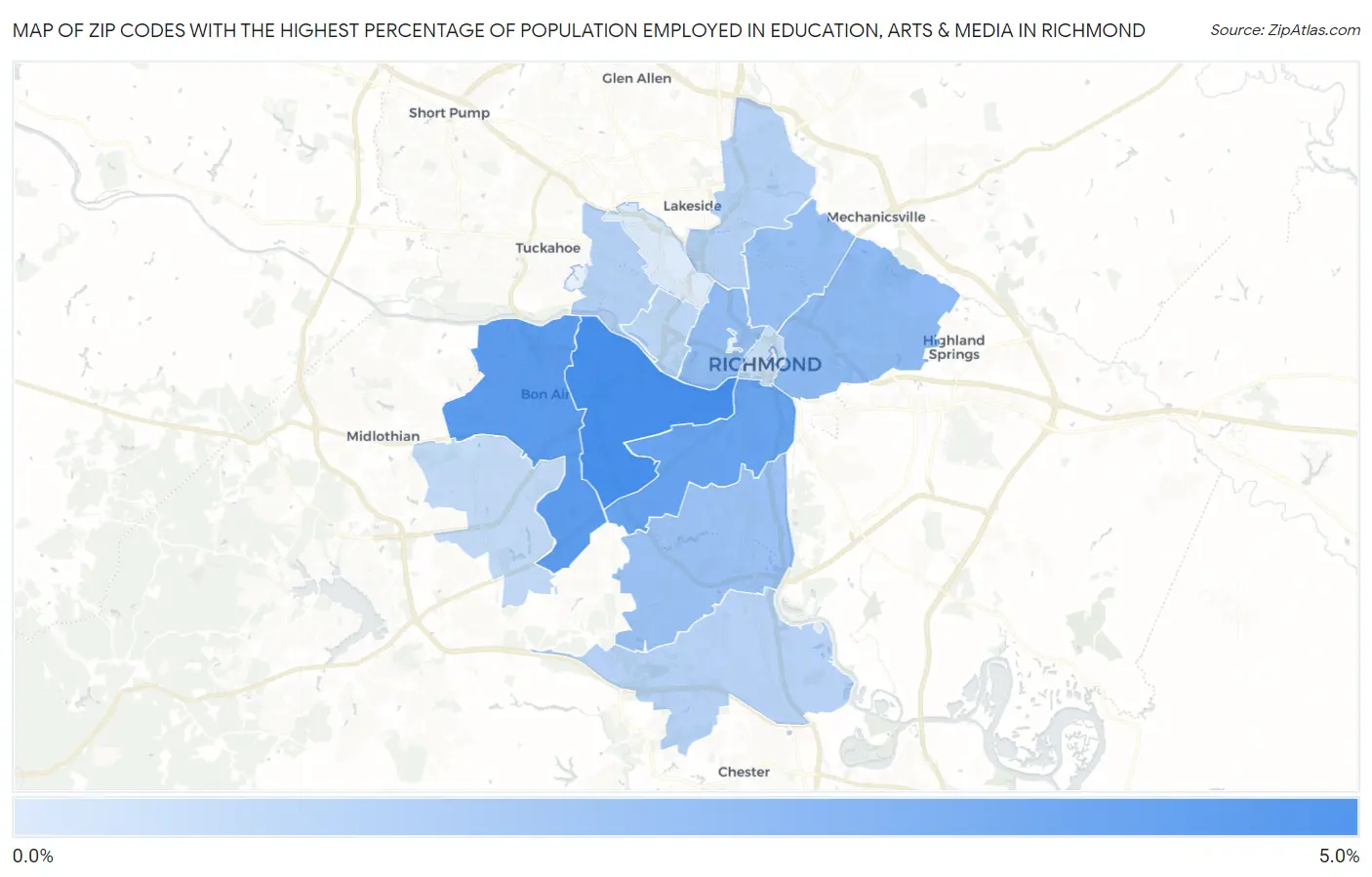 Zip Codes with the Highest Percentage of Population Employed in Education, Arts & Media in Richmond Map