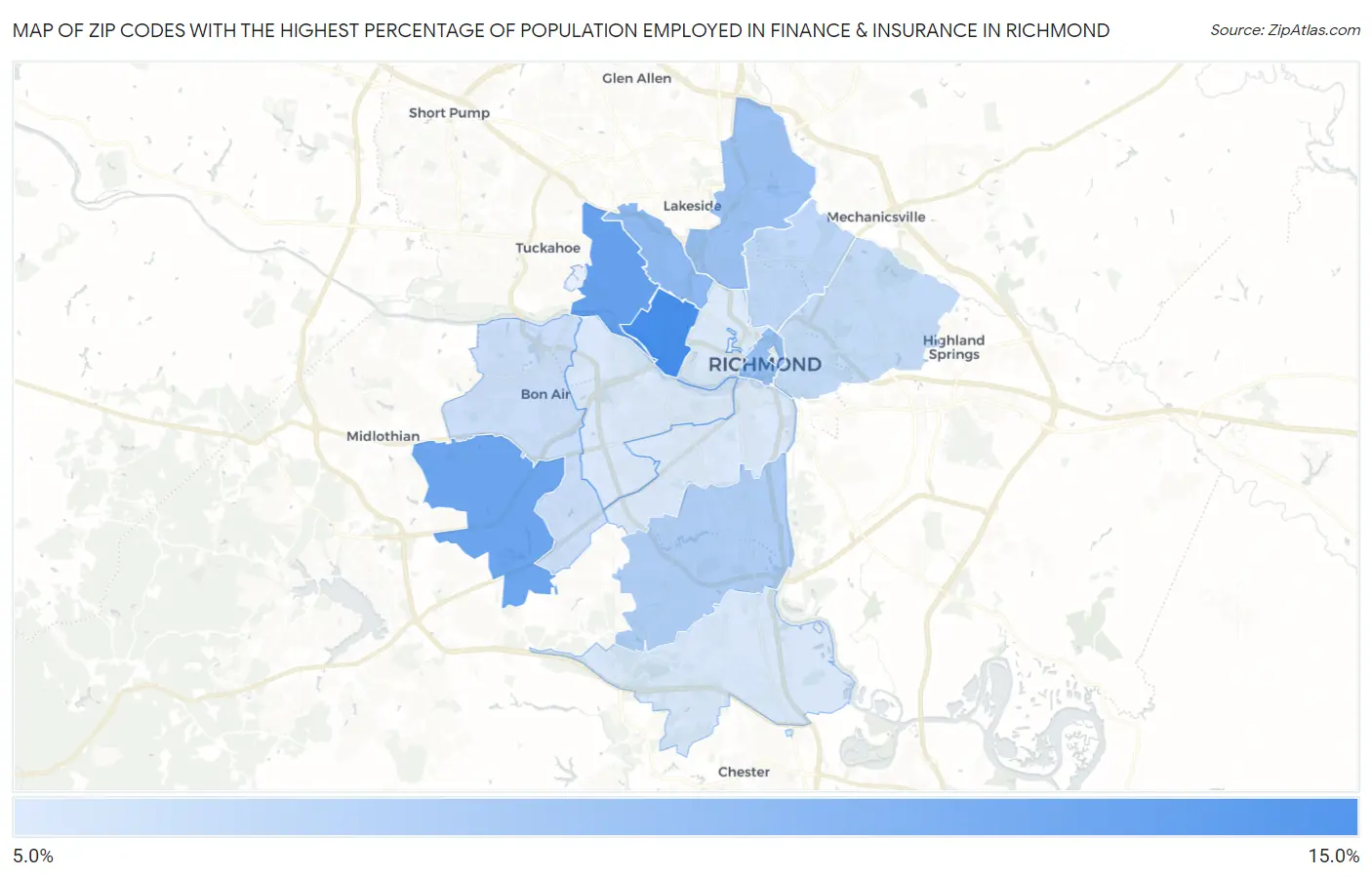Zip Codes with the Highest Percentage of Population Employed in Finance & Insurance in Richmond Map