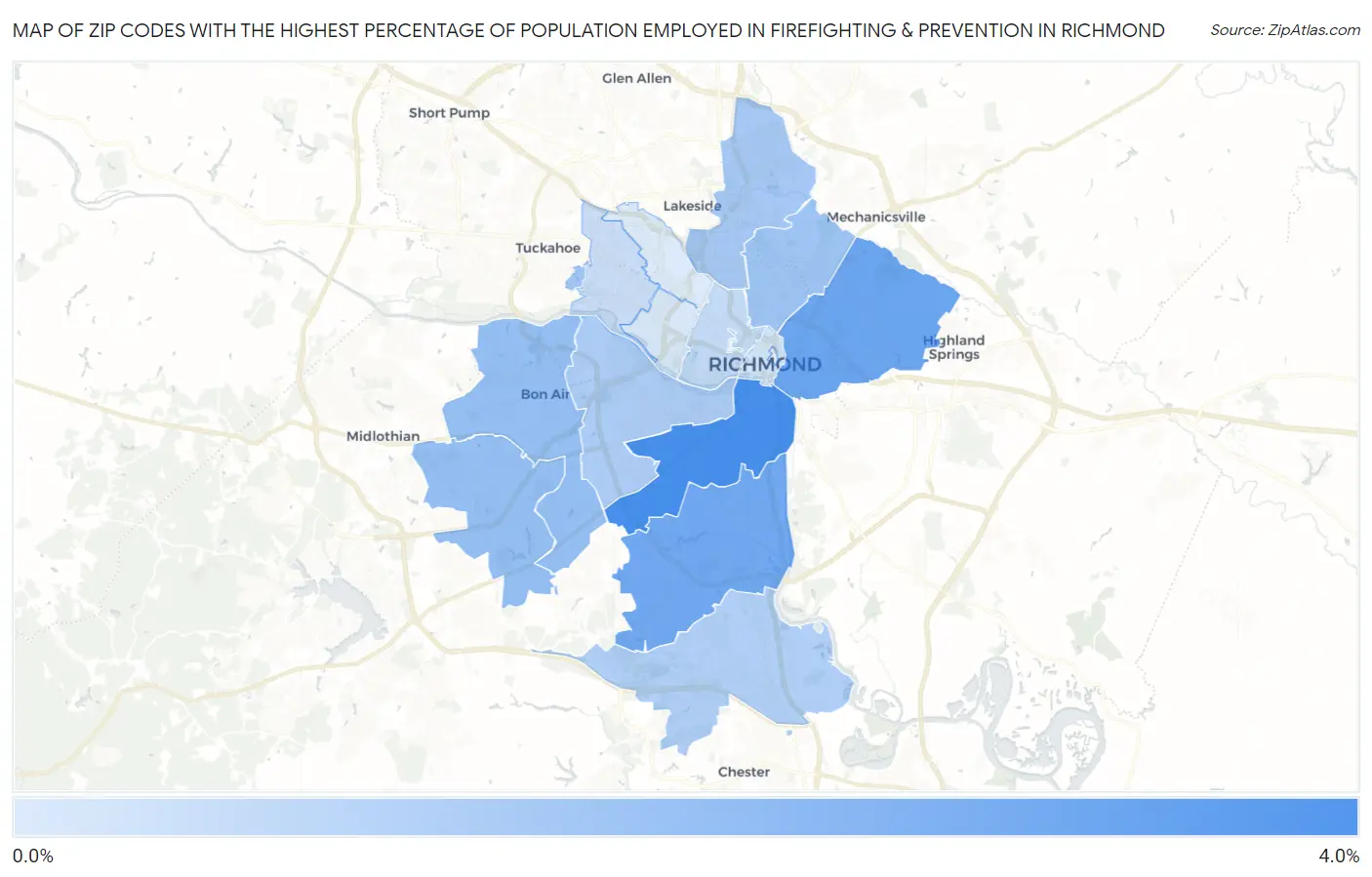 Zip Codes with the Highest Percentage of Population Employed in Firefighting & Prevention in Richmond Map