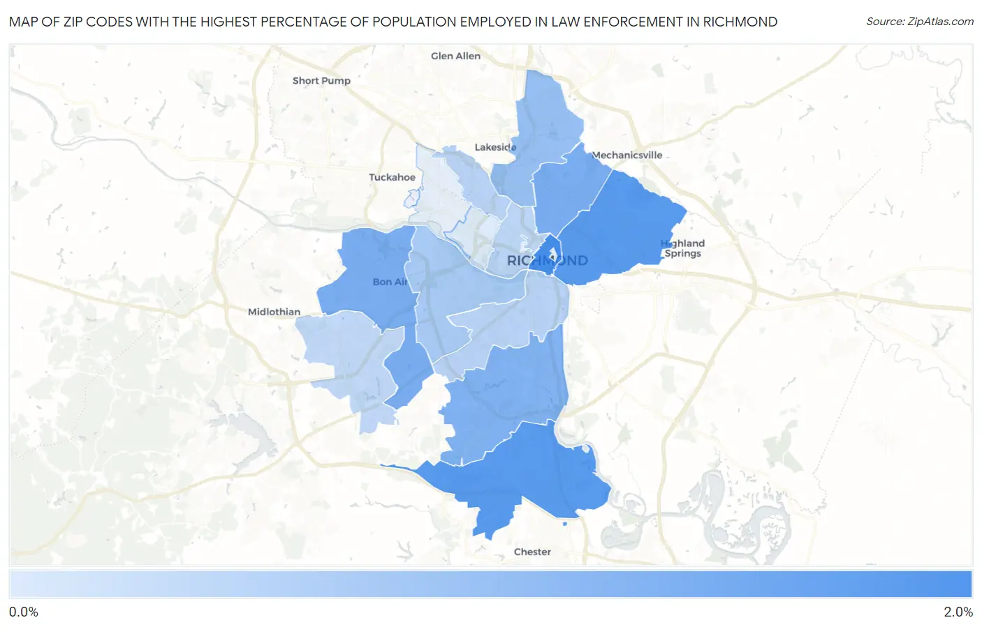Zip Codes with the Highest Percentage of Population Employed in Law Enforcement in Richmond Map