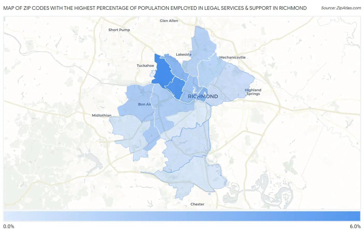 Zip Codes with the Highest Percentage of Population Employed in Legal Services & Support in Richmond Map