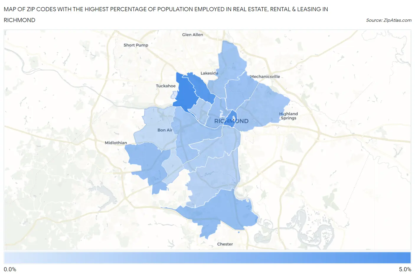 Zip Codes with the Highest Percentage of Population Employed in Real Estate, Rental & Leasing in Richmond Map