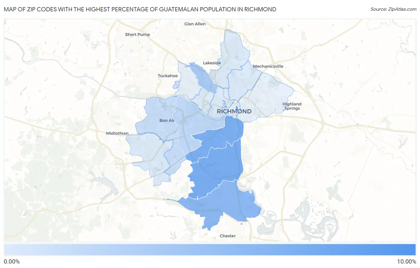 Zip Codes with the Highest Percentage of Guatemalan Population in Richmond Map