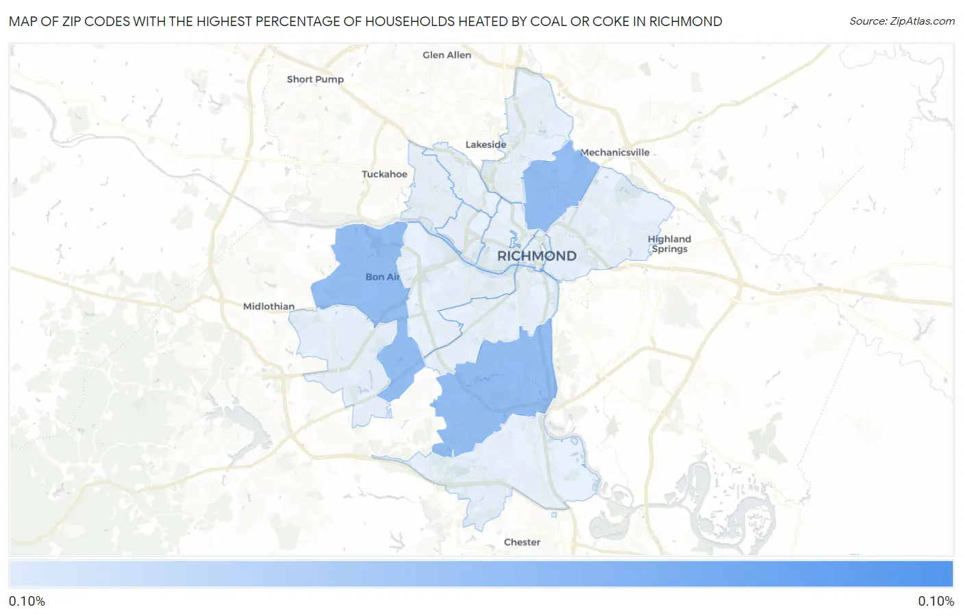 Zip Codes with the Highest Percentage of Households Heated by Coal or Coke in Richmond Map
