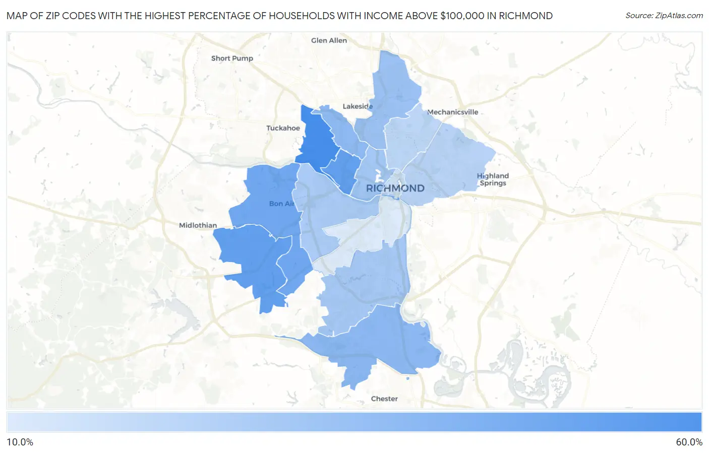 Zip Codes with the Highest Percentage of Households with Income Above $100,000 in Richmond Map