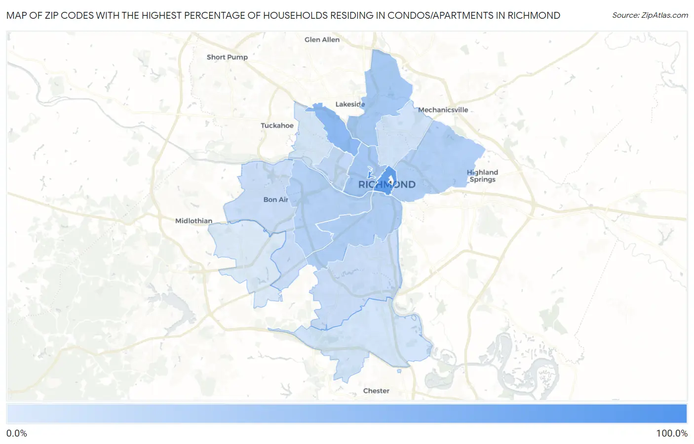 Zip Codes with the Highest Percentage of Households Residing in Condos/Apartments in Richmond Map