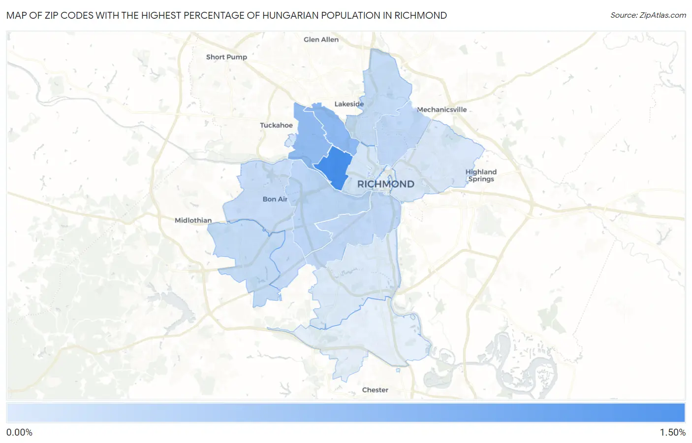 Zip Codes with the Highest Percentage of Hungarian Population in Richmond Map