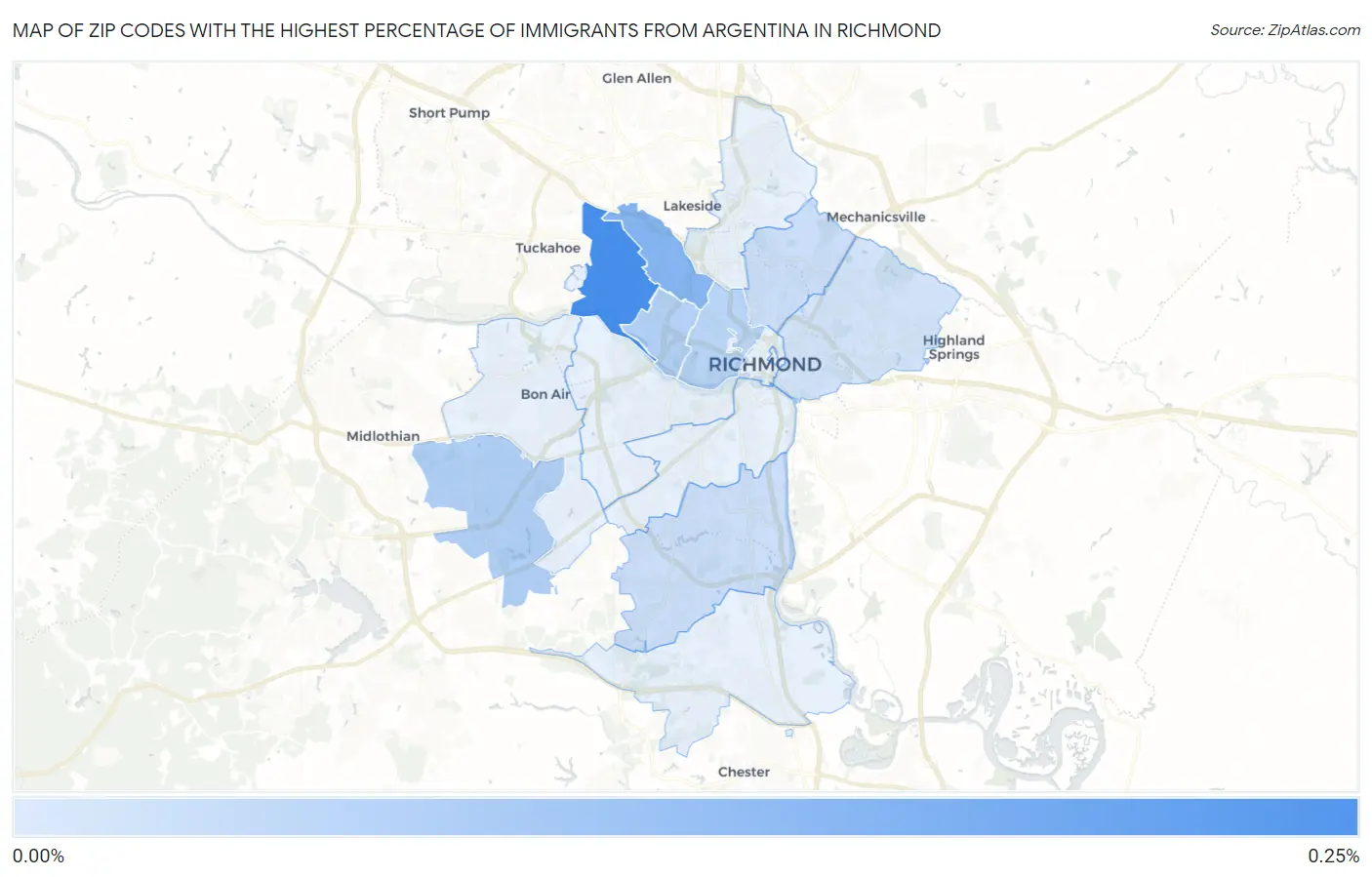 Zip Codes with the Highest Percentage of Immigrants from Argentina in Richmond Map