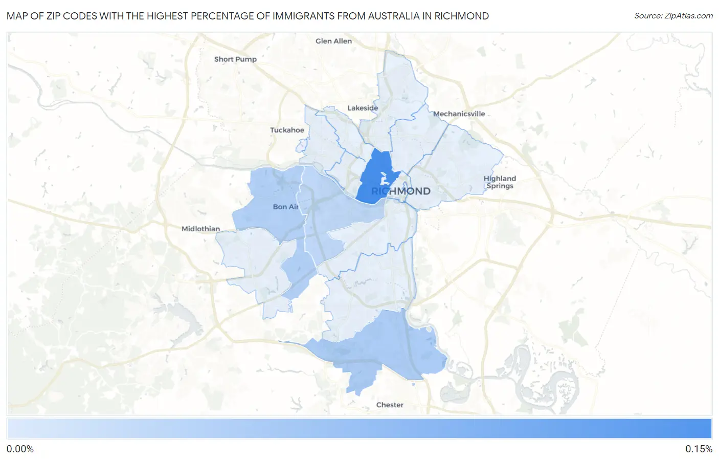 Zip Codes with the Highest Percentage of Immigrants from Australia in Richmond Map