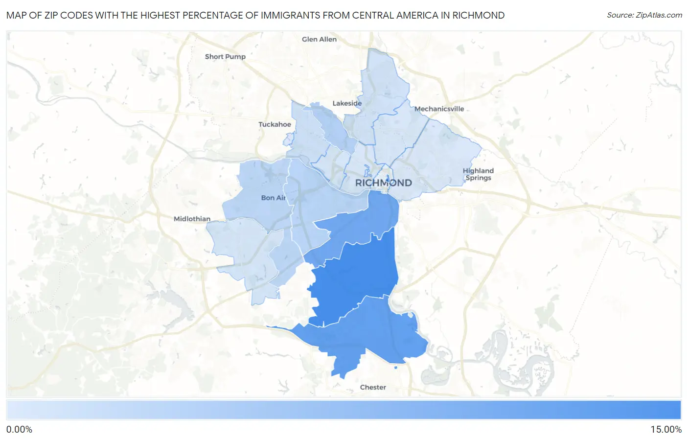 Zip Codes with the Highest Percentage of Immigrants from Central America in Richmond Map