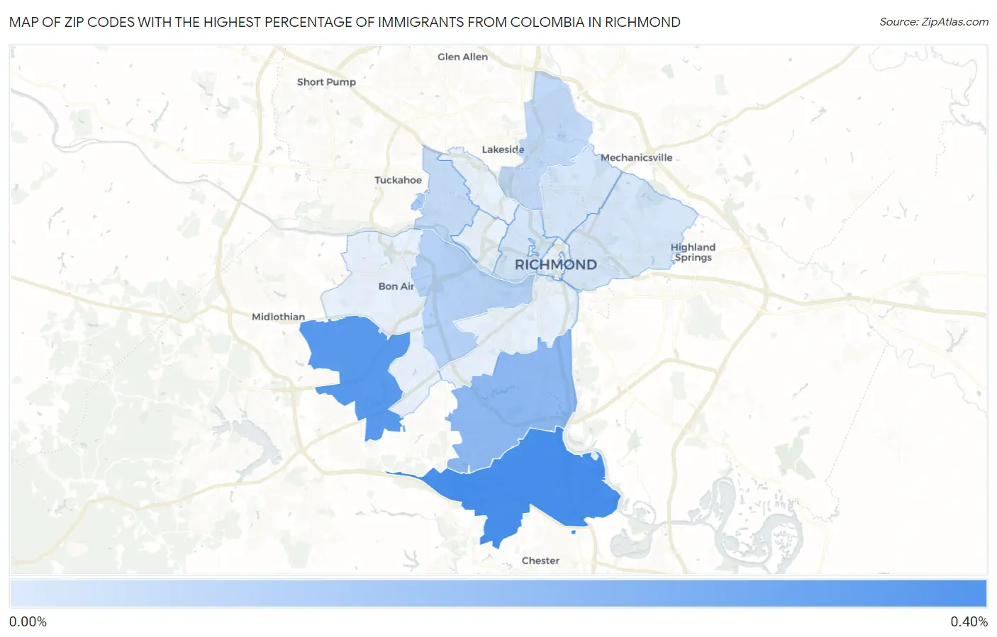 Zip Codes with the Highest Percentage of Immigrants from Colombia in Richmond Map