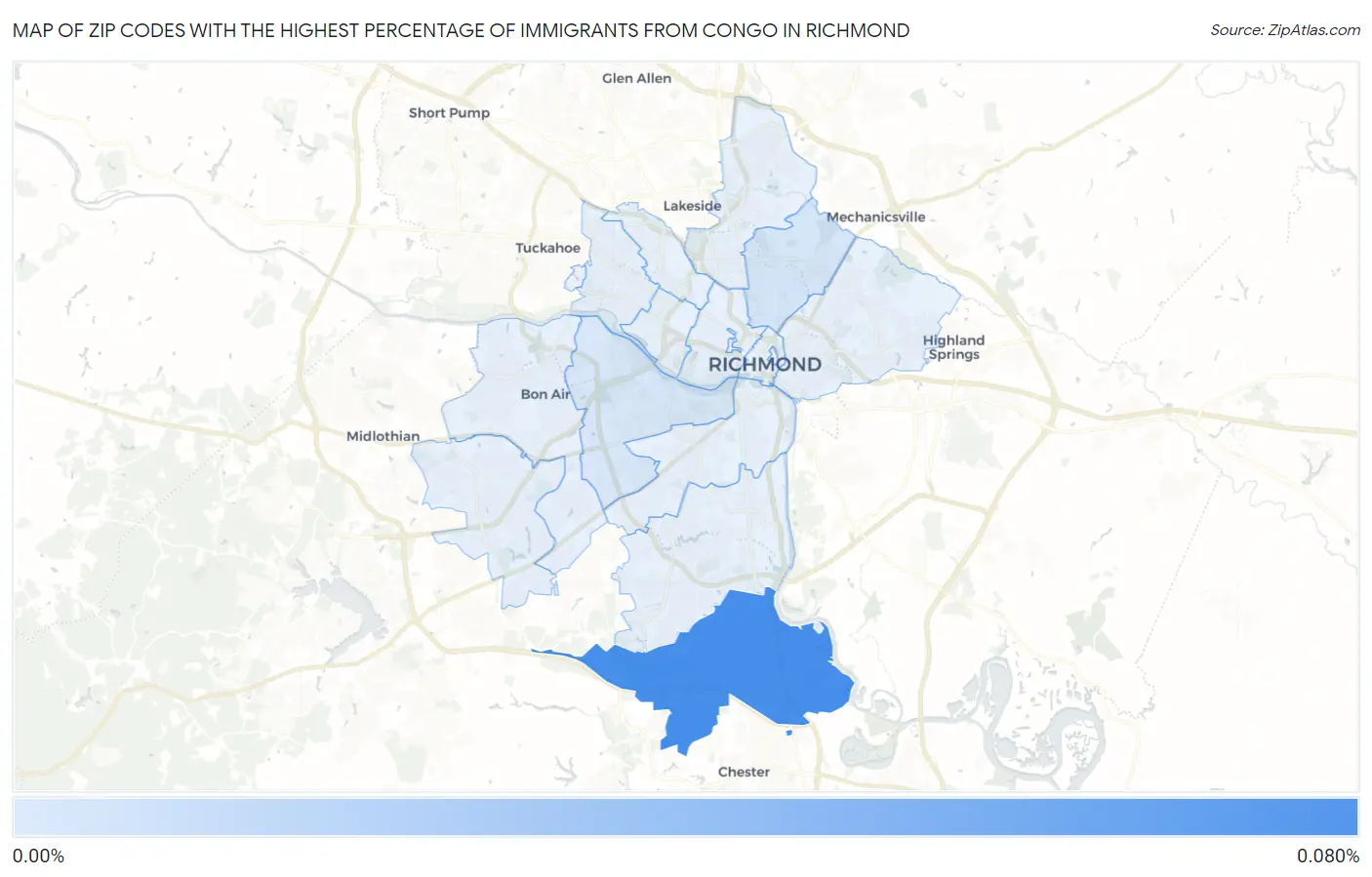 Zip Codes with the Highest Percentage of Immigrants from Congo in Richmond Map