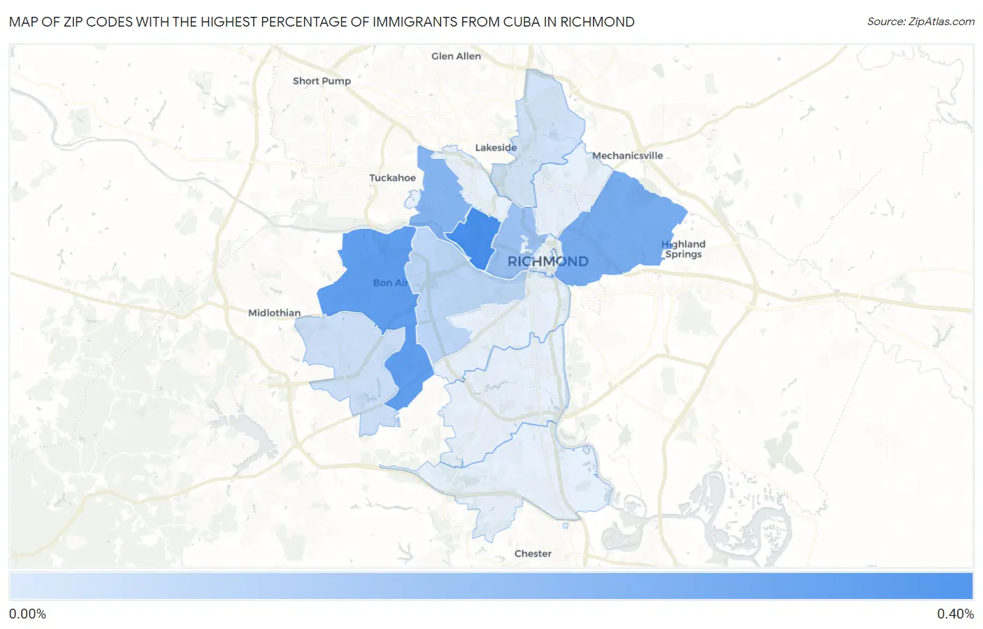 Zip Codes with the Highest Percentage of Immigrants from Cuba in Richmond Map