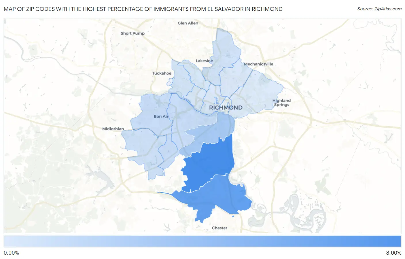 Zip Codes with the Highest Percentage of Immigrants from El Salvador in Richmond Map
