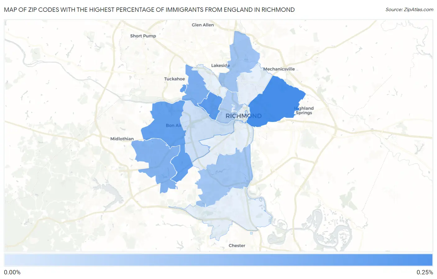 Zip Codes with the Highest Percentage of Immigrants from England in Richmond Map