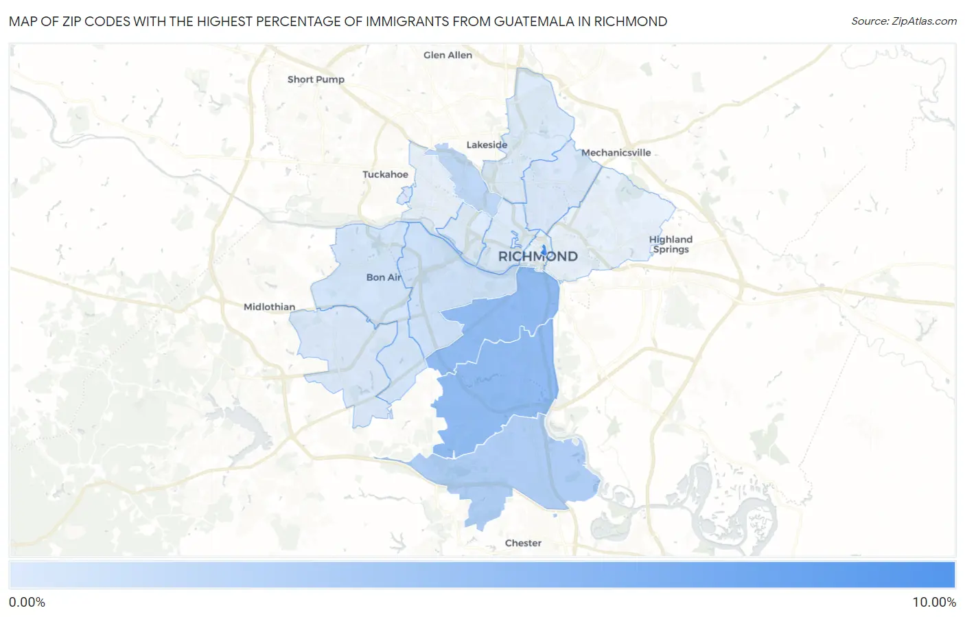 Zip Codes with the Highest Percentage of Immigrants from Guatemala in Richmond Map