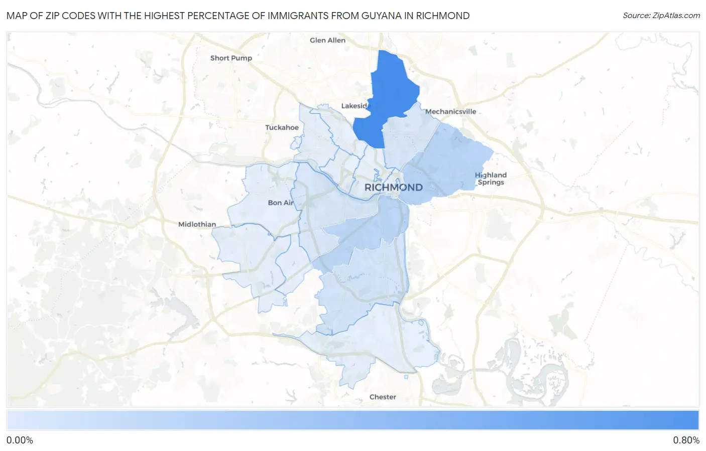 Zip Codes with the Highest Percentage of Immigrants from Guyana in Richmond Map