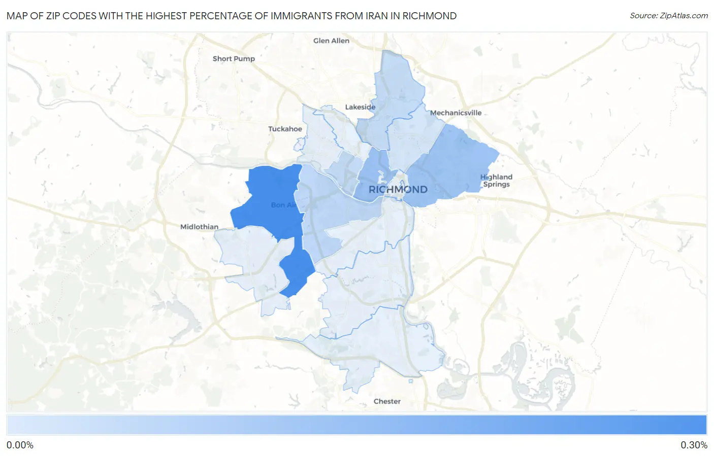 Zip Codes with the Highest Percentage of Immigrants from Iran in Richmond Map