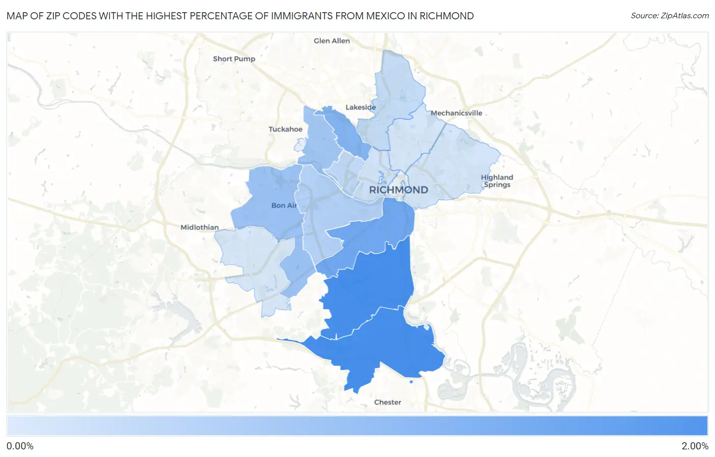 Zip Codes with the Highest Percentage of Immigrants from Mexico in Richmond Map