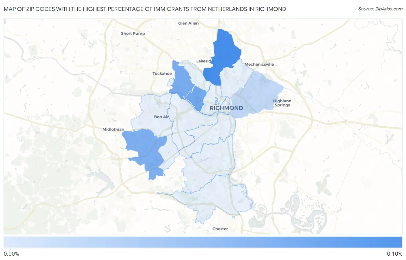 Zip Codes with the Highest Percentage of Immigrants from Netherlands in Richmond Map