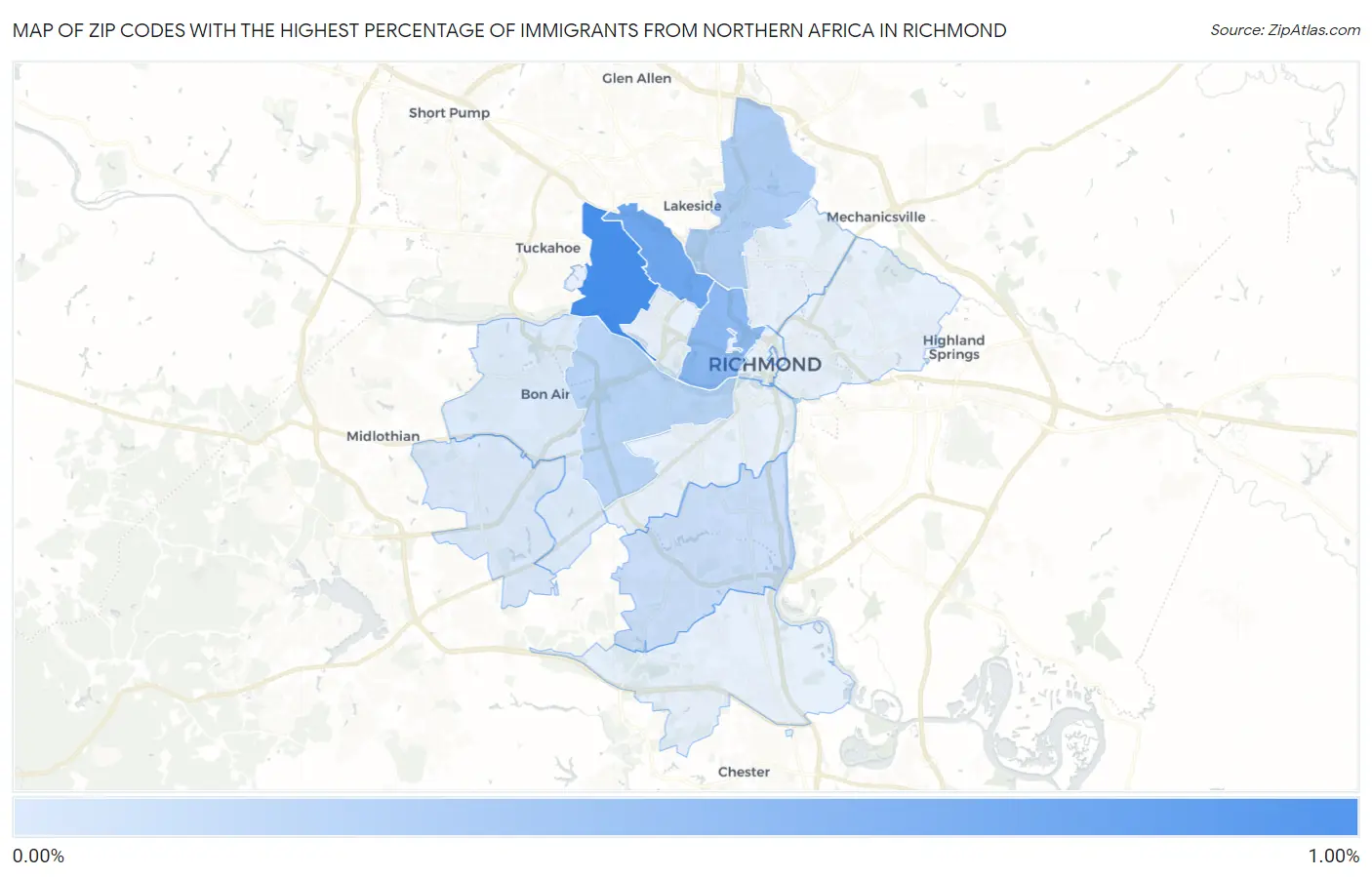 Zip Codes with the Highest Percentage of Immigrants from Northern Africa in Richmond Map