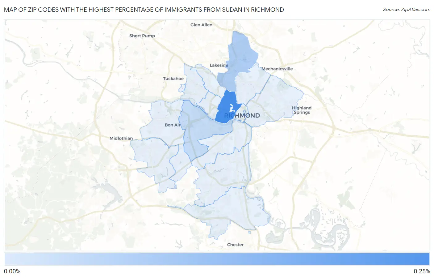 Zip Codes with the Highest Percentage of Immigrants from Sudan in Richmond Map