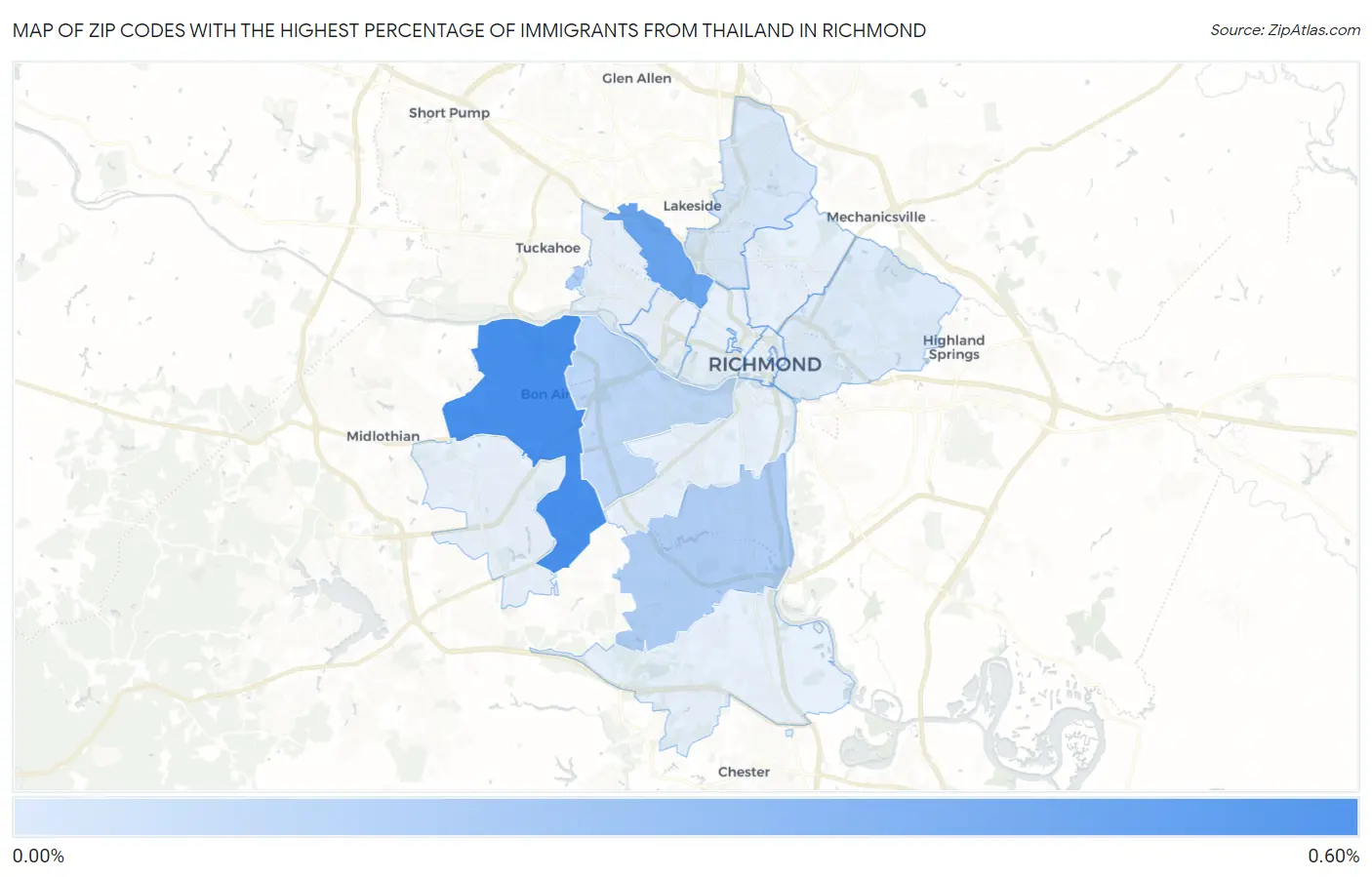 Zip Codes with the Highest Percentage of Immigrants from Thailand in Richmond Map