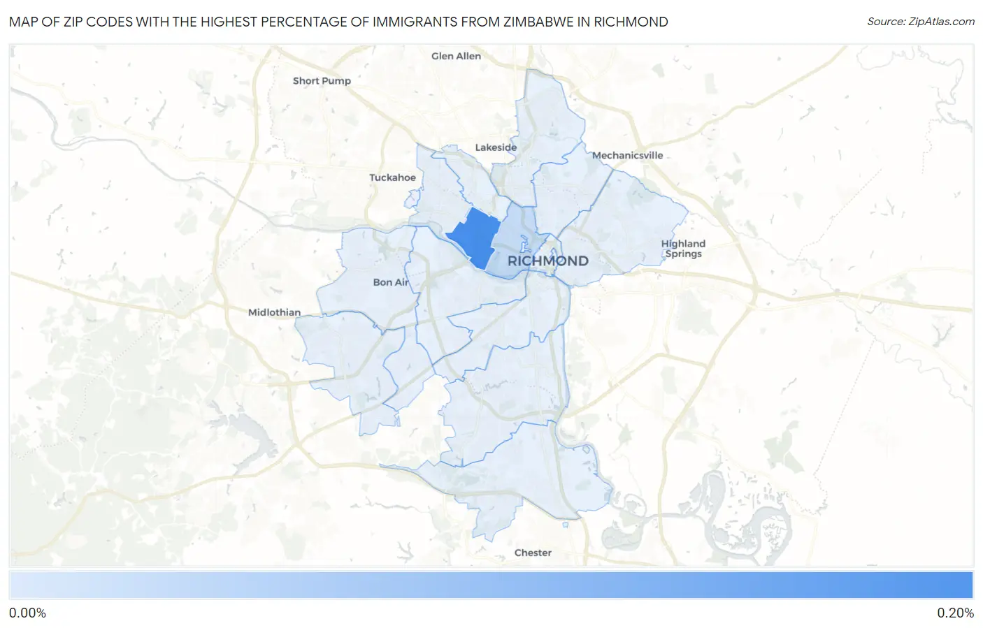 Zip Codes with the Highest Percentage of Immigrants from Zimbabwe in Richmond Map