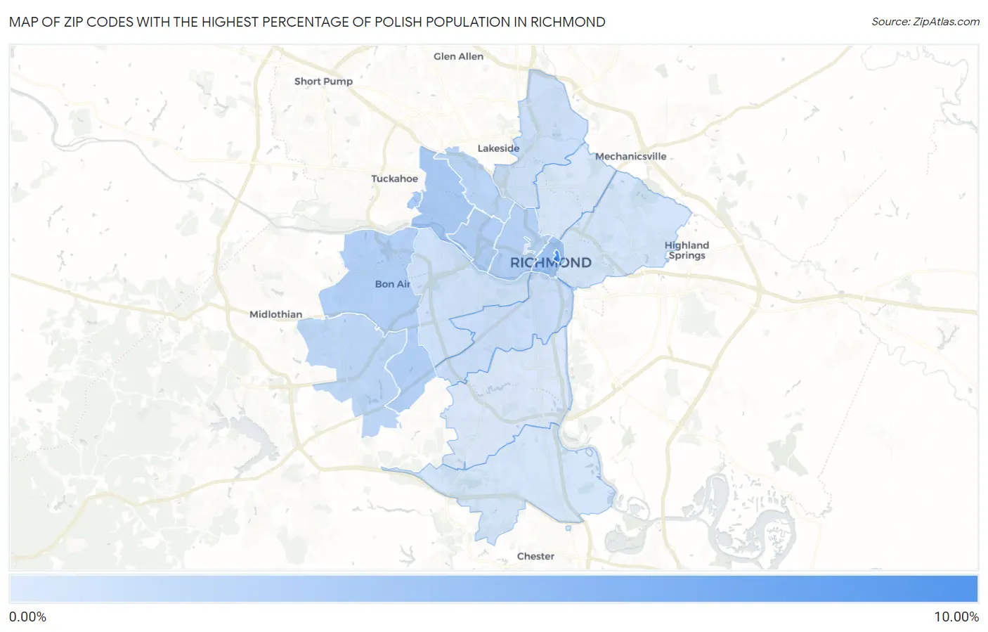Zip Codes with the Highest Percentage of Polish Population in Richmond Map