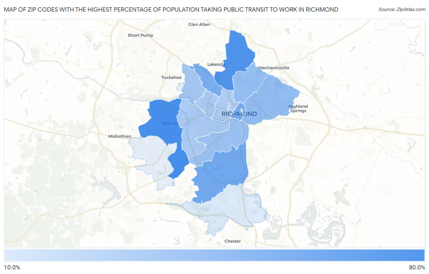 Zip Codes with the Highest Percentage of Population Taking Public Transit to Work in Richmond Map