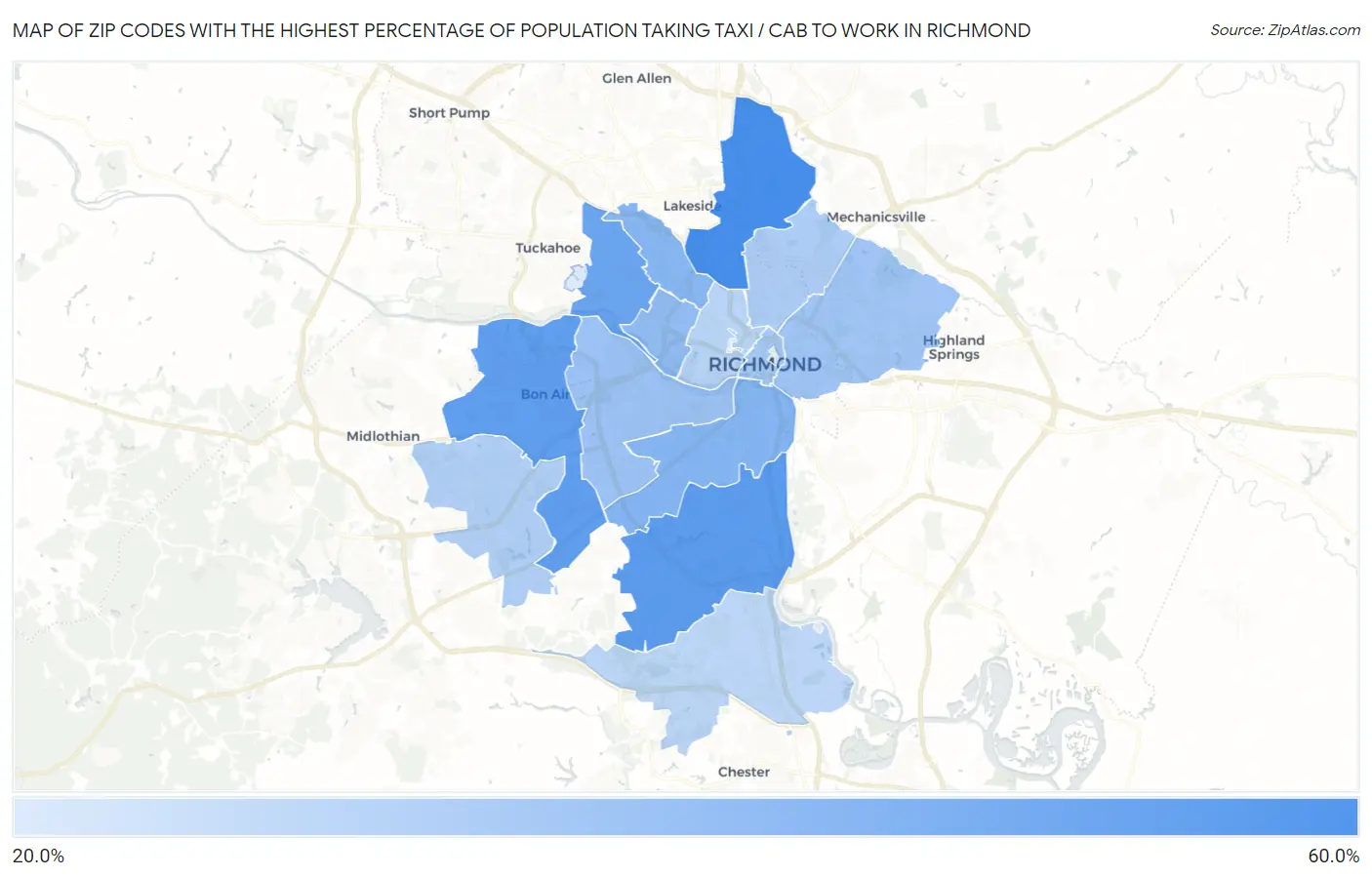 Zip Codes with the Highest Percentage of Population Taking Taxi / Cab to Work in Richmond Map